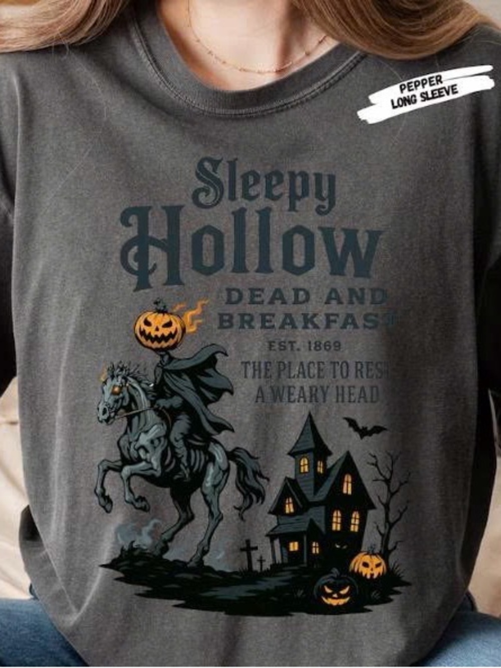 Pepper Long-Sleeve Gray Halloween Graphic Sweatshirt
